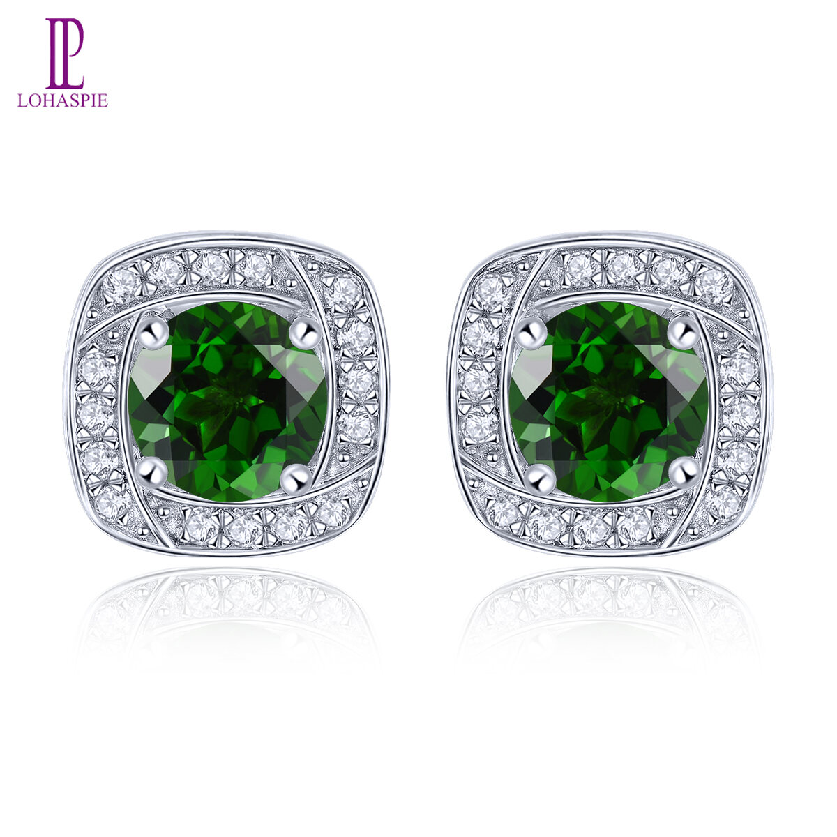 Lohaspie Jewelry Real Silver Stud Earring With Stone Natural Chrome Diopside Earrings Green Gemstone Earring For Lady Christmas Gift Jewelry