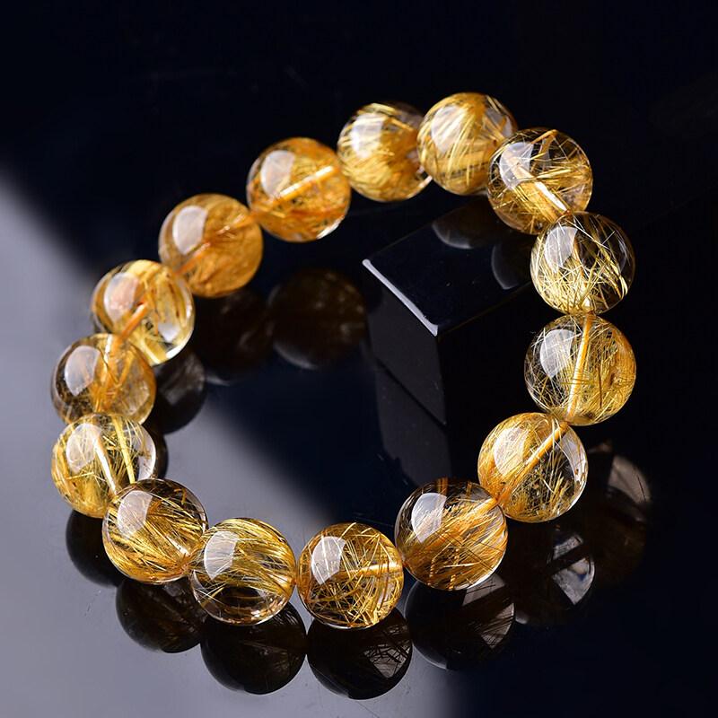 Natural Brazilian Titanium Gold Crystal Bead Bracelet Yellow Crystal Bead Quartz Healing Collection Grade Hair Crystal Single Circle Men's and Women's Lucky Bead Jewelry Bracelet Male Lucky Bracelet