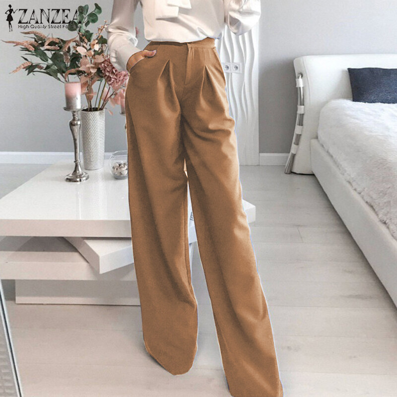 ZANZEA Women Stylish Versatile Solid Straight Pants Formal Casual Pleated Commute Trousers #15