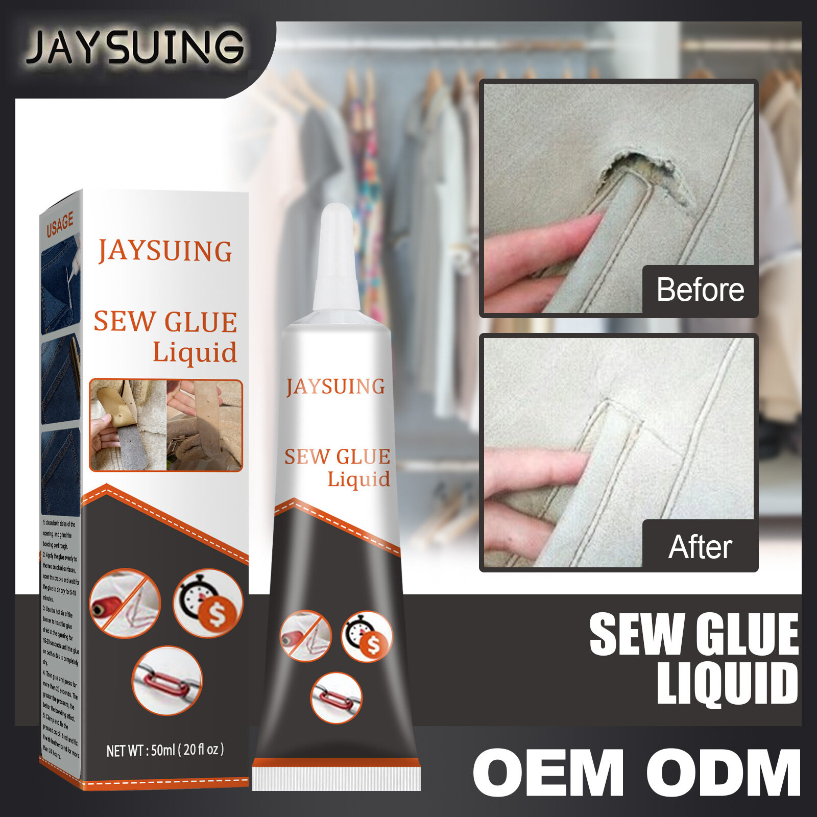 【BUY 1 GET FREE GIFT】Jaysuing Sew Glue Liquid Sew Glue Clothes Fabric Leather Sew Glue Kit Secure Fast Drying Glue Liquid Sewing Ultra-stick Adhesives Waterproof 50ML