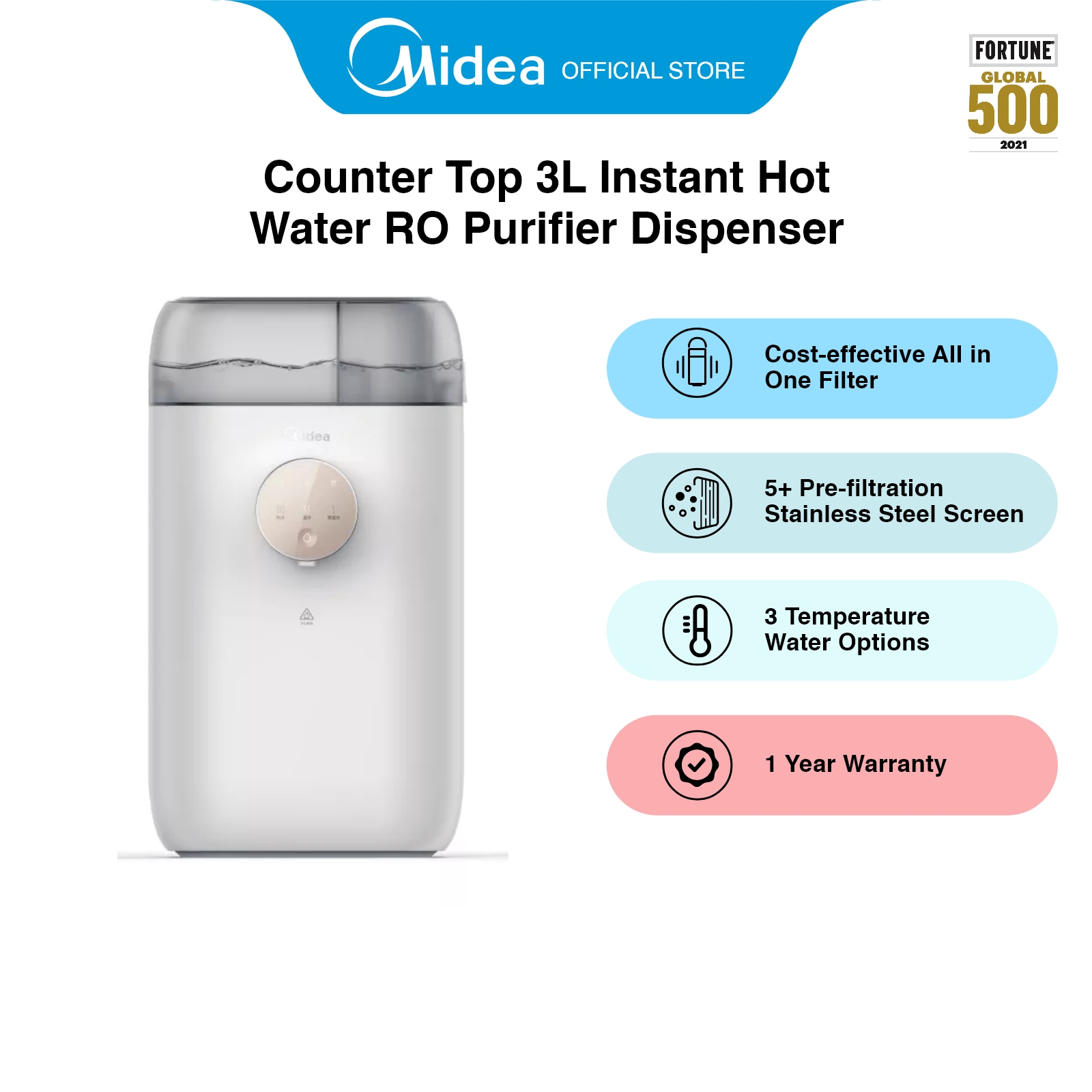 Midea JR1878T-NF White Counter Top Instant Hot Water RO Purifier Dispenser, 3L